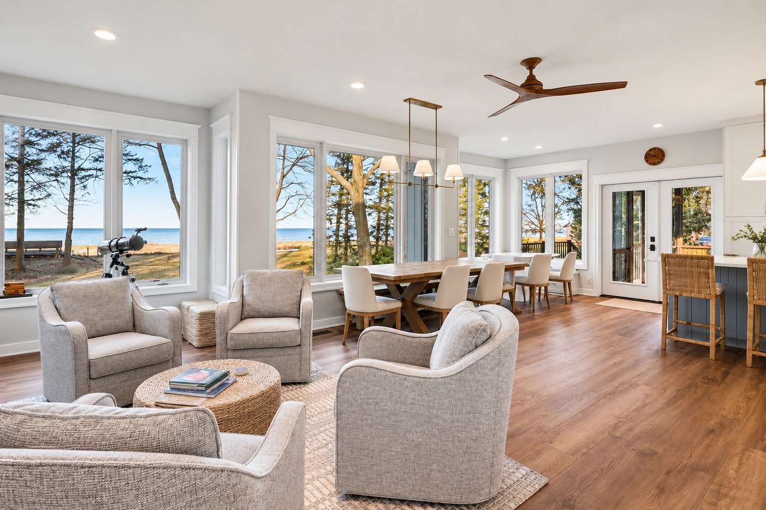 Bright four-season sunroom with gray armchairs and a long dining table, overlooking a beach through large windows.