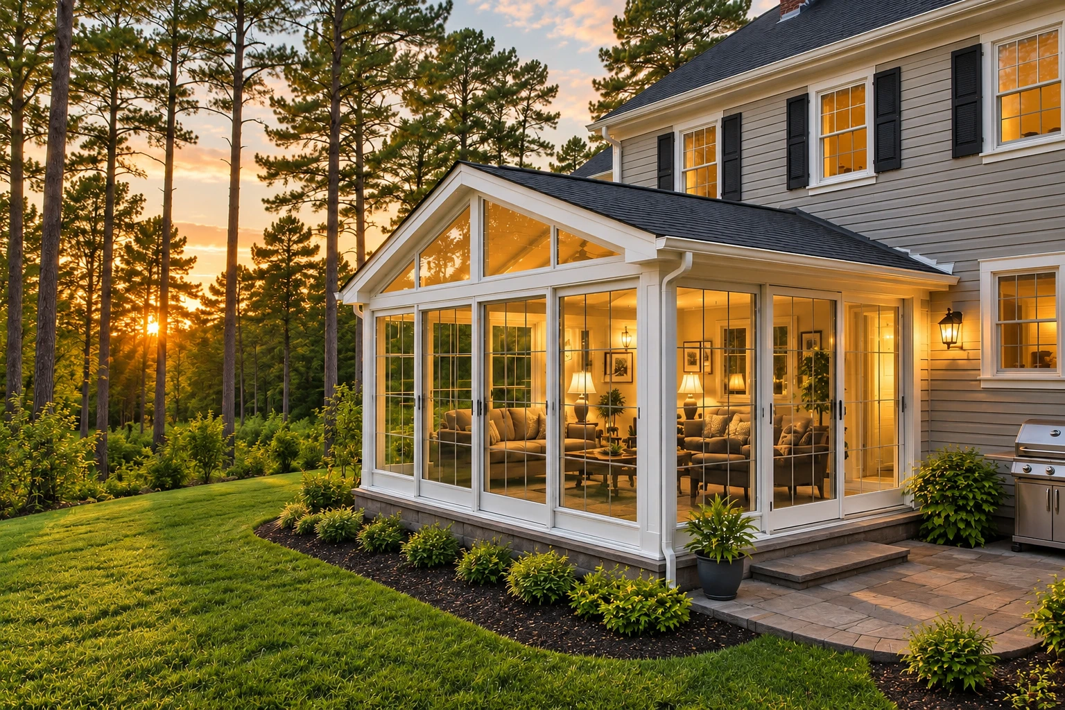 Custom sunroom addition with a white gabled roof and large windows, glowing warmly beside a house at sunset.