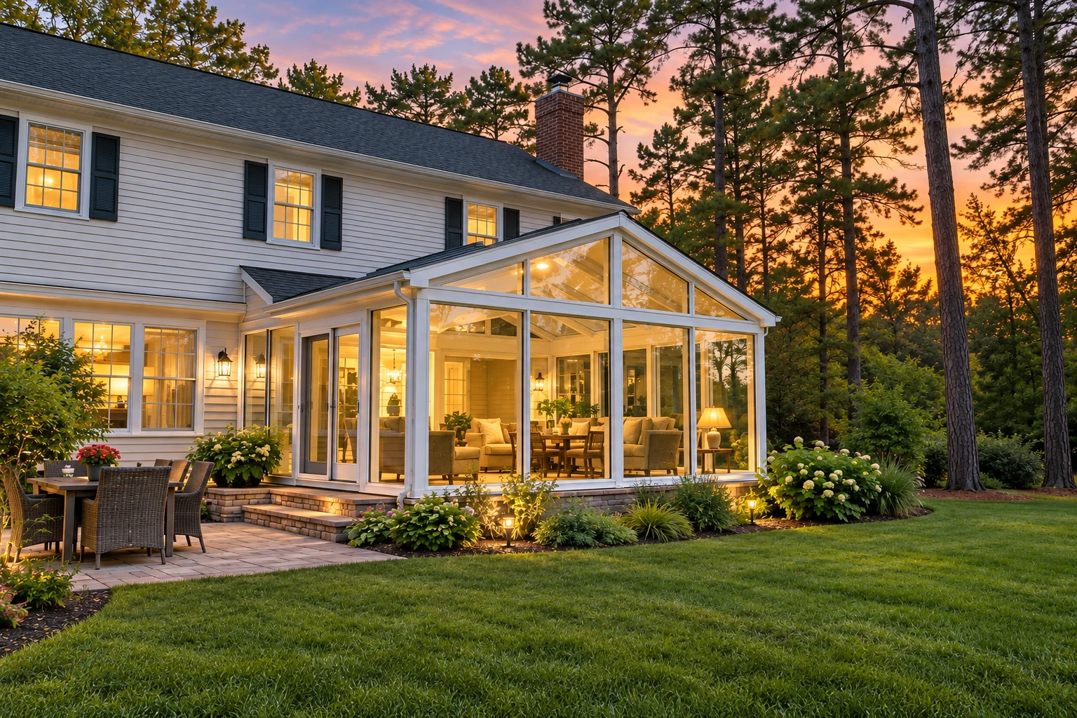 Custom sunroom addition with a peaked glass roof and white framing, glowing warmly beside a house at sunset.