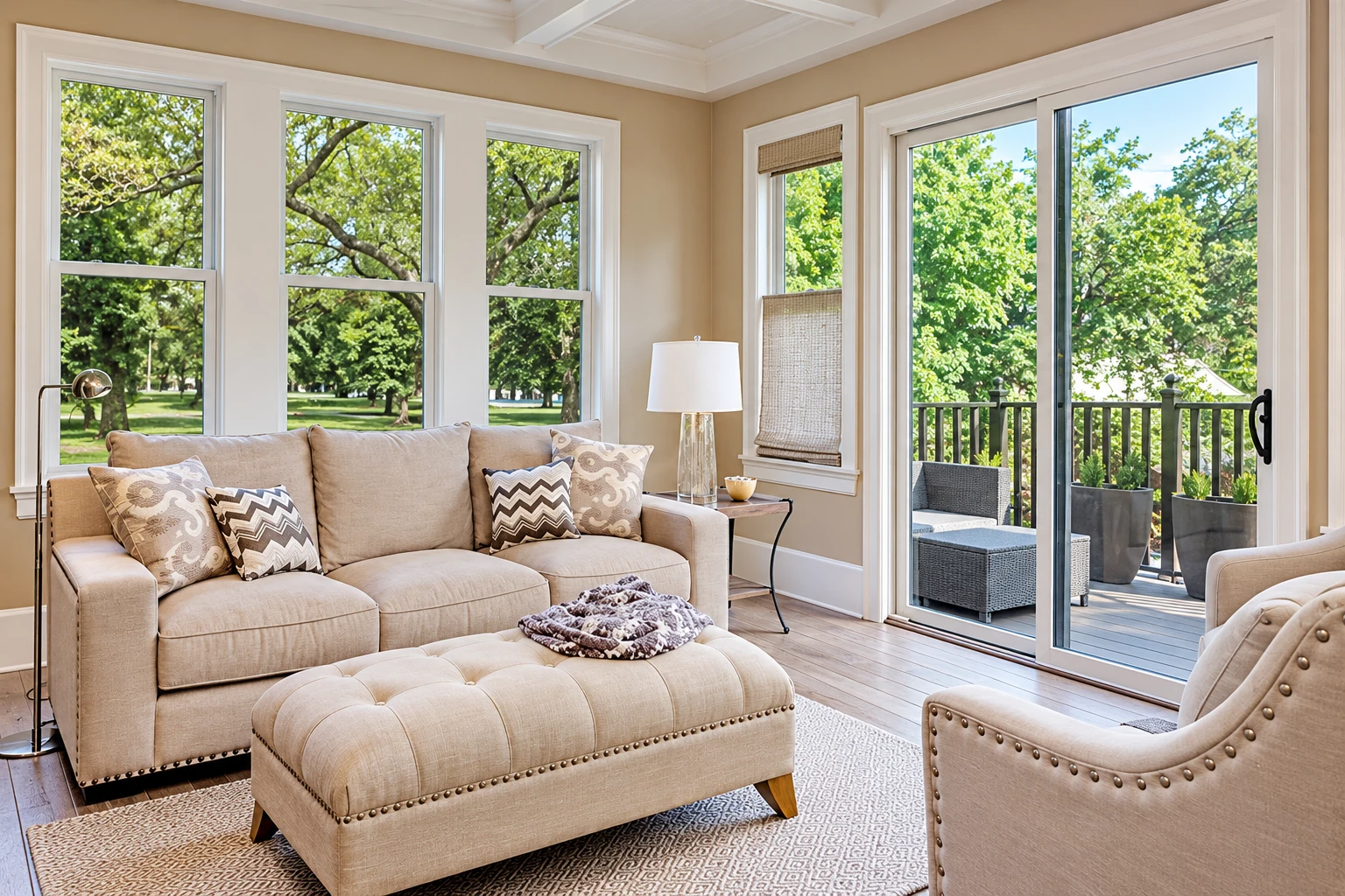 Sunroom with beige seating, large white-framed windows and sliding glass doors opening onto a deck.