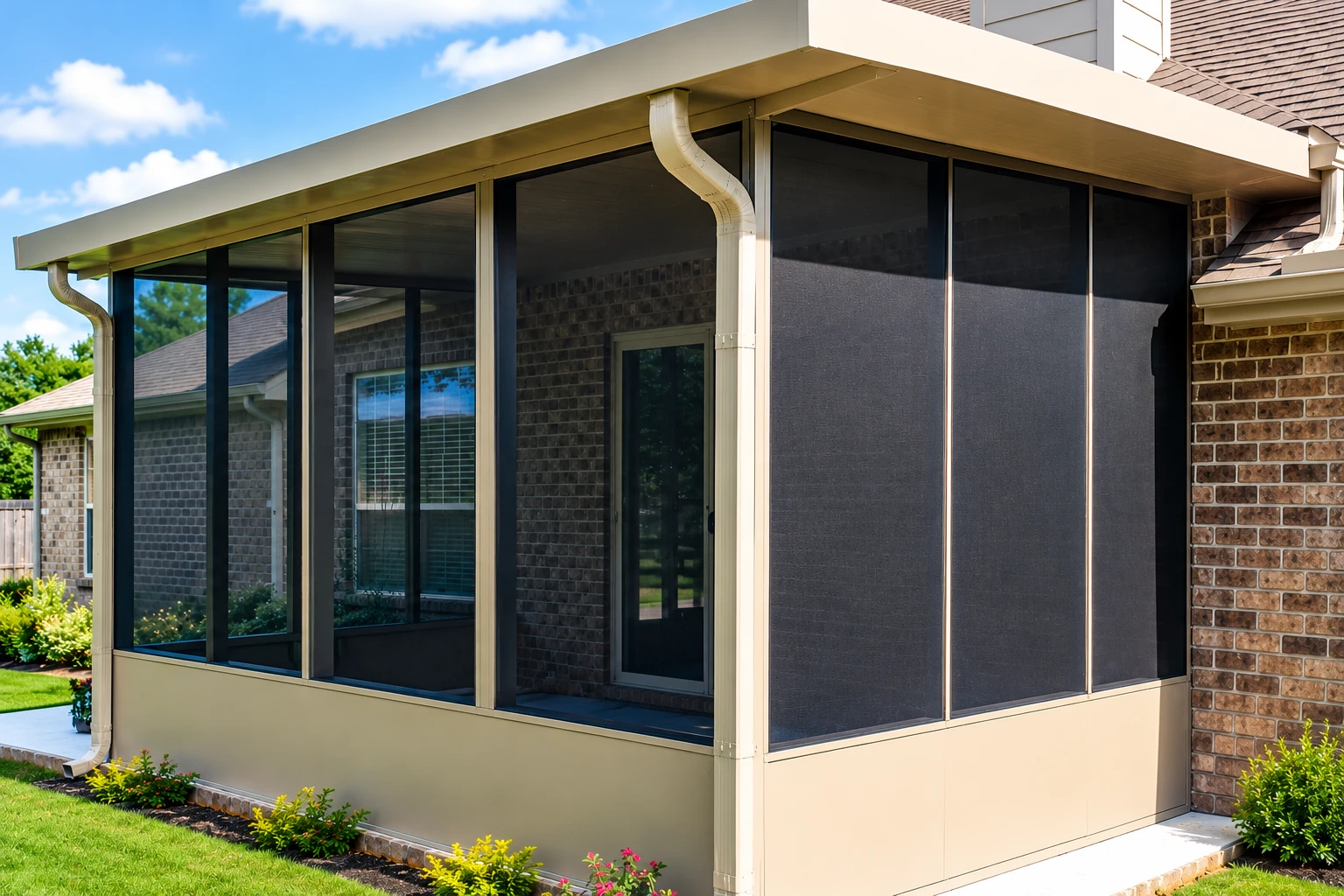Enclosed patio room with dark screened panels and a cream frame attached to a brick house.