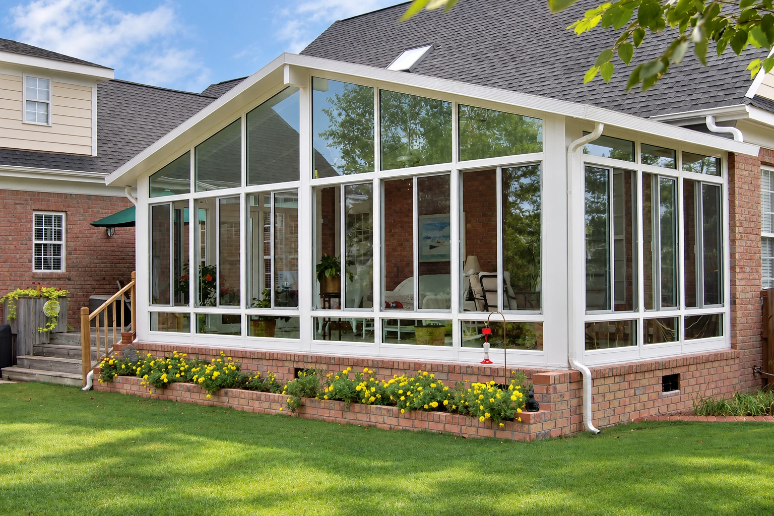 Four-season sunroom with large white-framed windows and a peaked roof, set on a brick foundation beside a lawn.