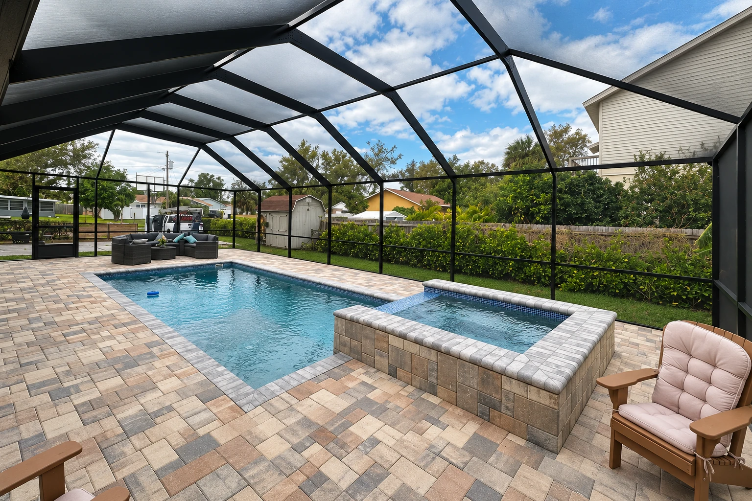 Screened patio cover over a paved pool area, with black framing, clear roof panels and outdoor seating.