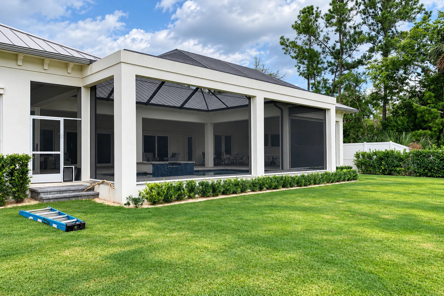 Patio enclosure with white columns and dark screens, opening onto a green lawn beside a modern home.