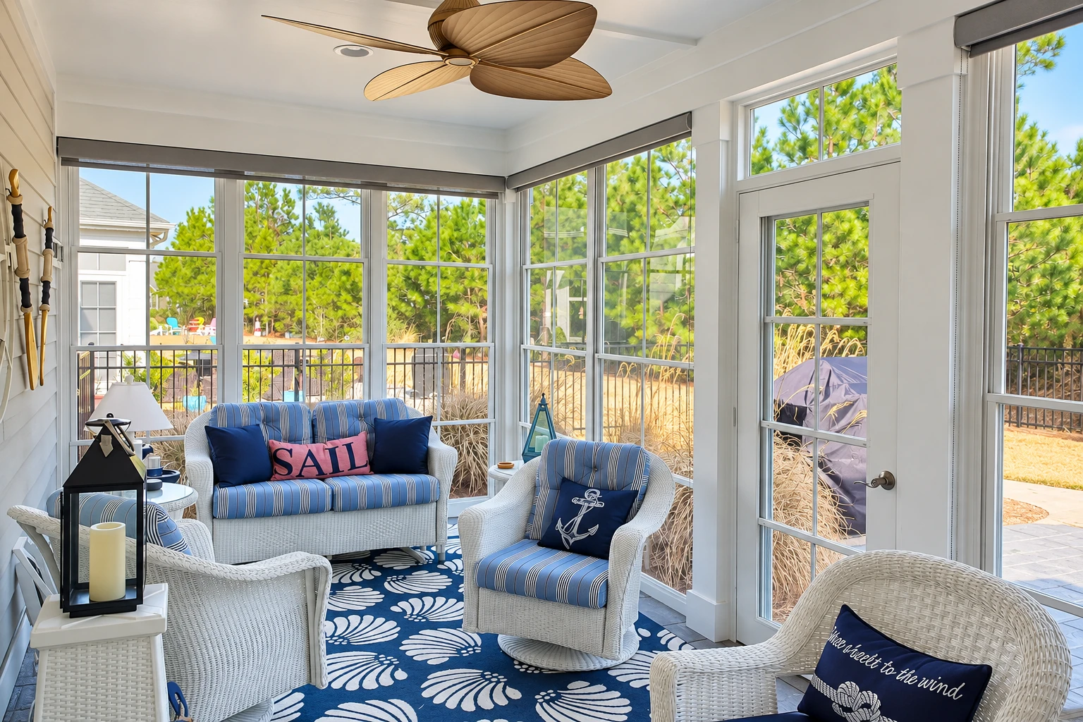 Sunroom with white-framed windows, wicker chairs, blue patterned cushions, and a view of trees outside.