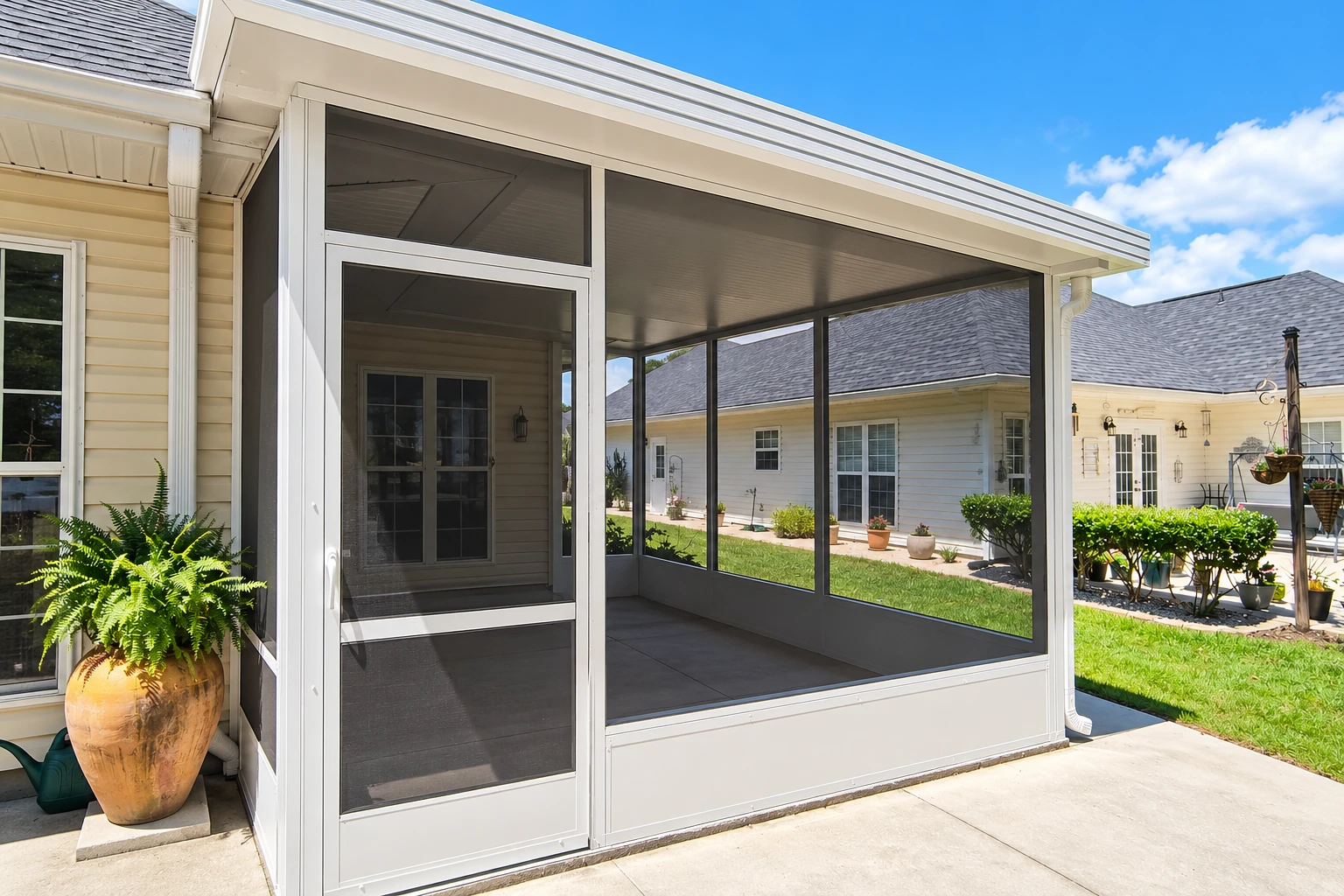 Screen room attached to a house, with white framing, dark mesh panels and a sliding screen door.