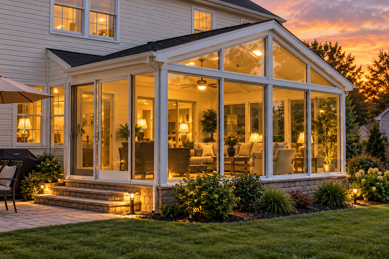 White-framed sunroom glowing at sunset, with a peaked glass roof and furnished interior.