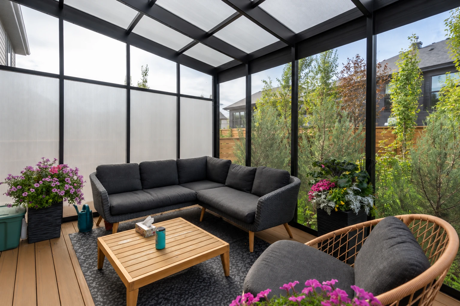 Enclosed patio lounge with a dark-framed translucent roof, sectional sofa, wood deck, and potted flowers.