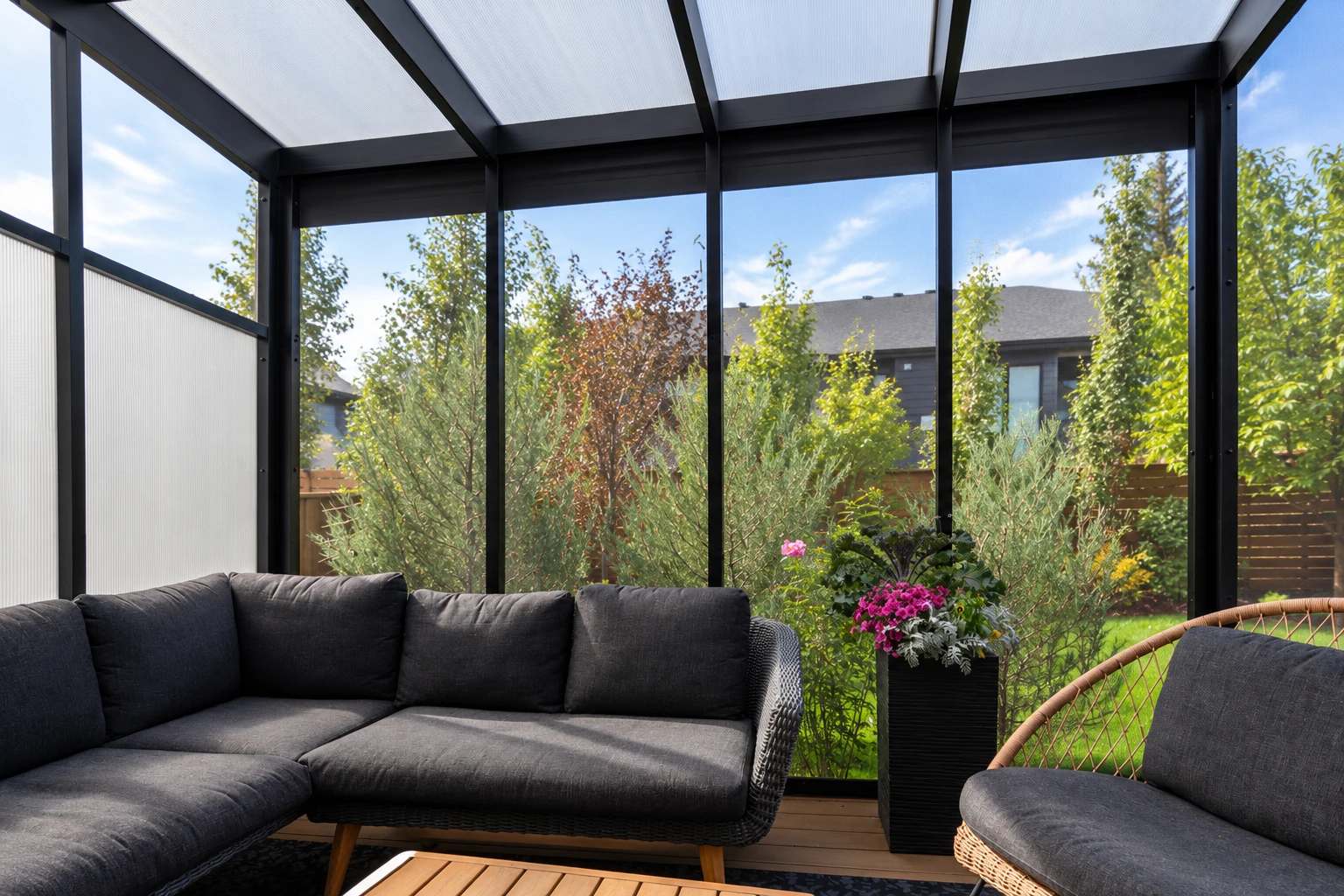 Three-season sunroom with a dark frame and translucent roof, furnished with charcoal seating and a flower planter.