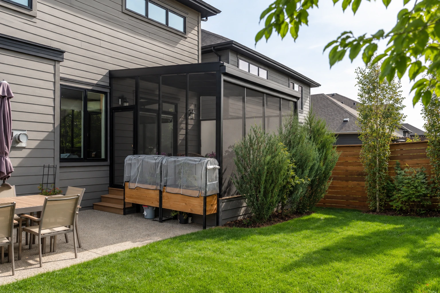 Dark-framed three-season sunroom attached to a gray-sided house, with raised planters and a patio dining set nearby.